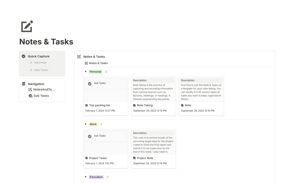 Notes & Tasks Notion Template
