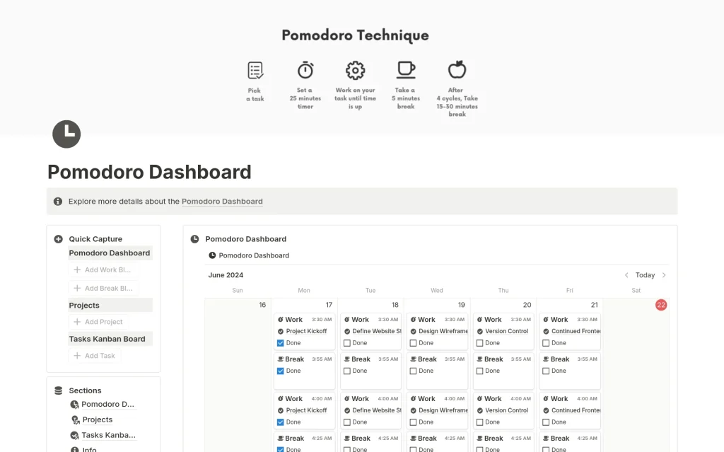 Pomodoro Dashboard Notion Template