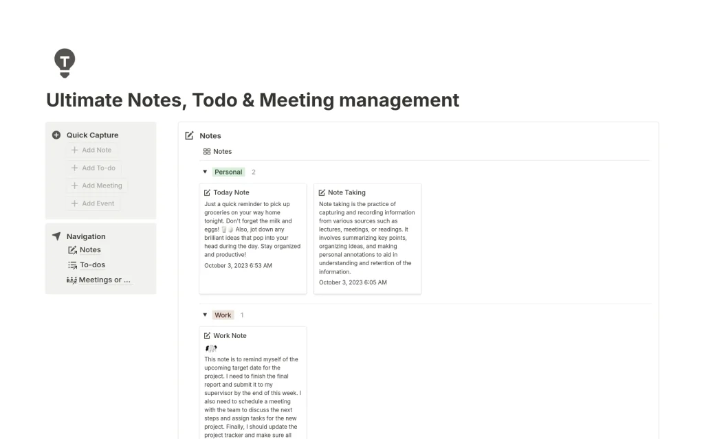 Ultimate Notes, Todo & Meeting Management Notion Template