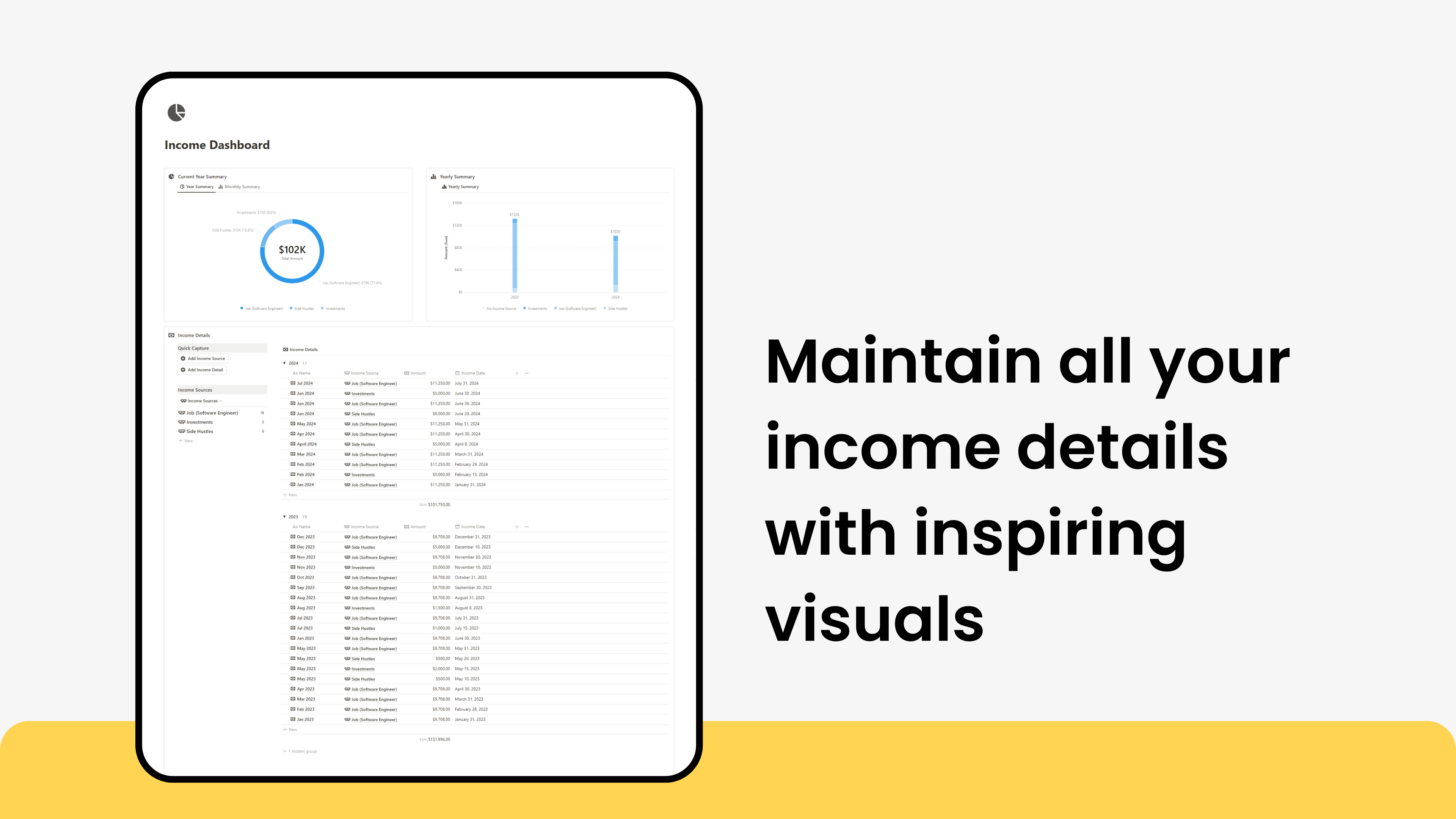 income dashboard notion template